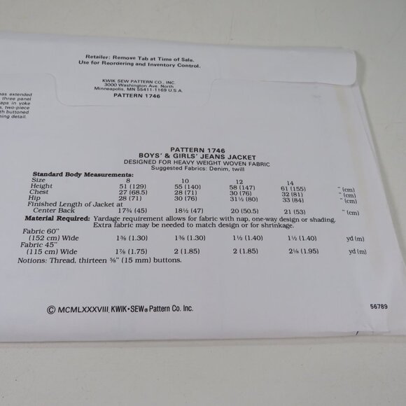 Kwik Sew 1746 Clothing Pattern Child's Jeans Jacket Coat UNCUT - Picture 4 of 4